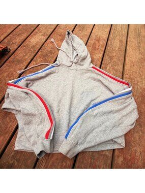 Adidas Originals Gray Hoodie With Red & Blue Striped Sleeves Trefoil Logo Medium